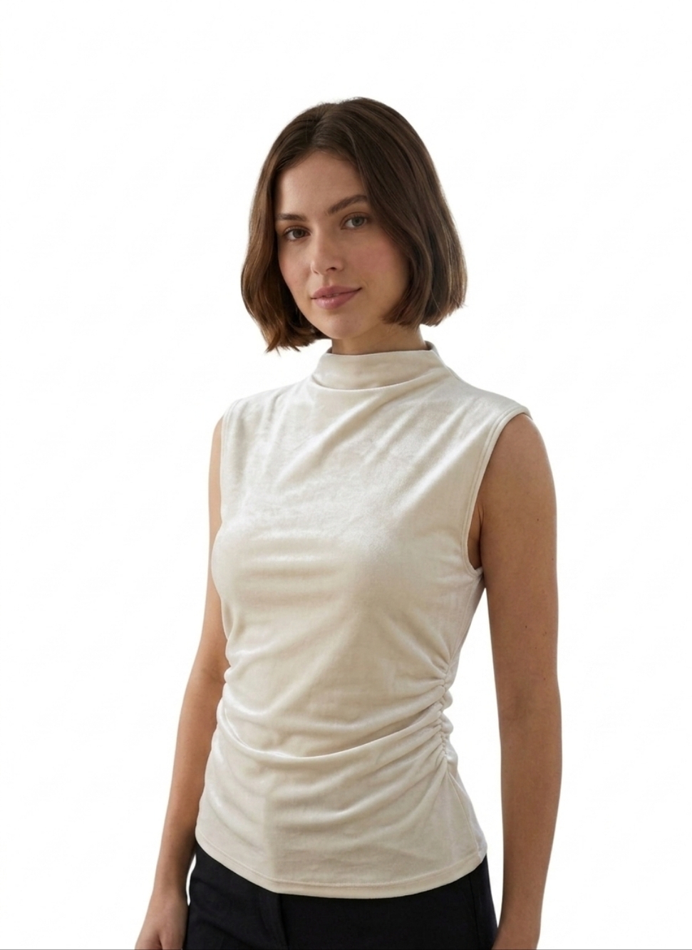 NWT! Abercrombie & Fitch Velvet Mock Neck Ruched Top - Cream - Size S